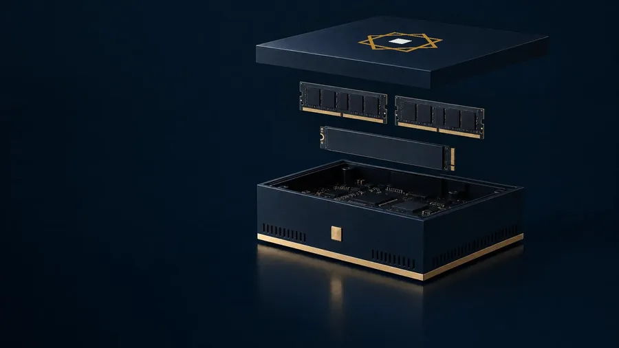 An exploded view of Nizento DS: lid, memory modules and the base. A render.
