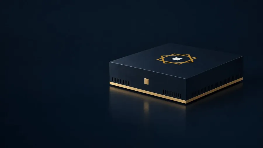 Nizento DS: a navy enclosure with the gold Nizento star on its lid. A render of the design target, not a photograph.