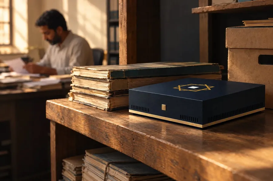 Nizento DS on a wooden desk in an office, beside stacked ledgers. A render.