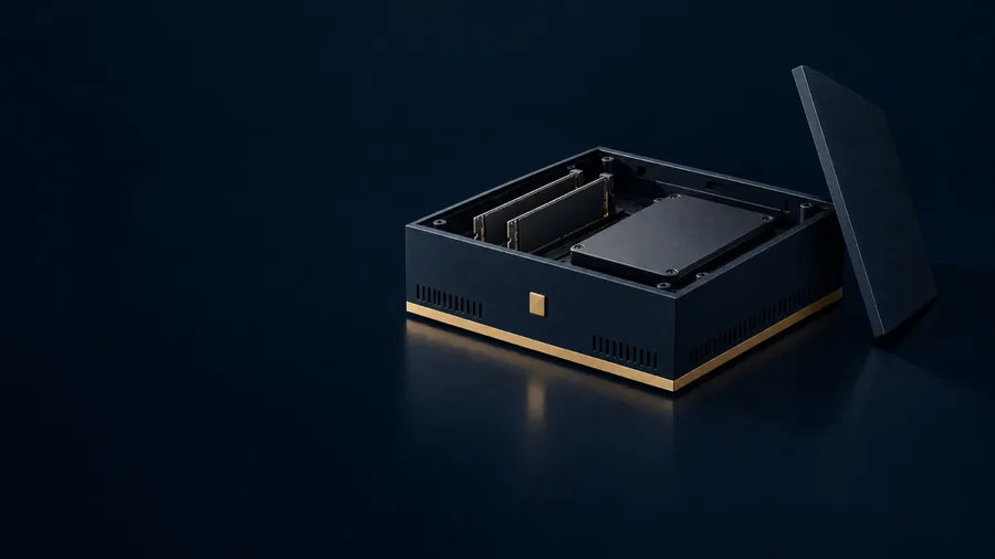 Nizento DS with its lid lifted and set aside, showing the inside. A render.