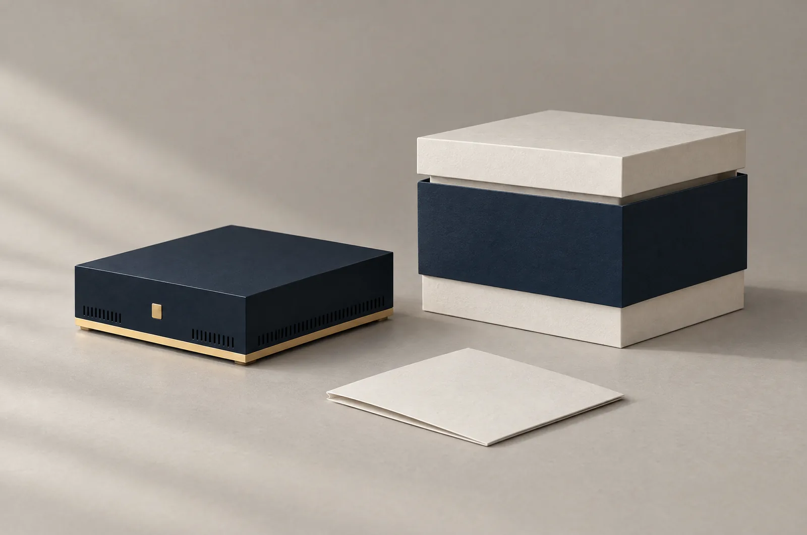 Nizento DS beside its packaging: a navy and ivory box. A render.
