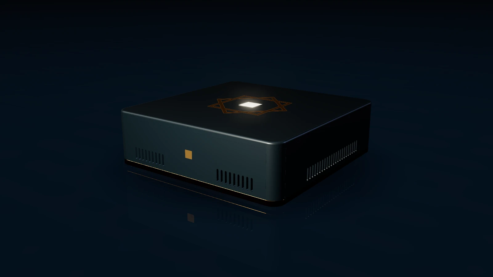 Nizento DS in a dark setting, with a band of light crossing its navy enclosure. A still from the real-time model.