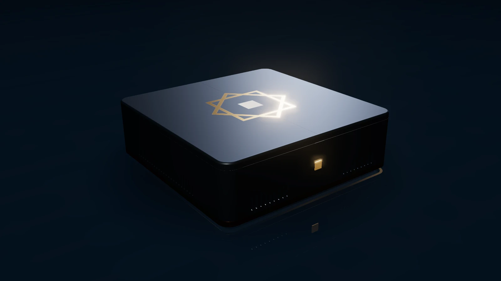 Nizento DS from an elevated three-quarter view, the gold star lit on its lid. A still from the real-time model.