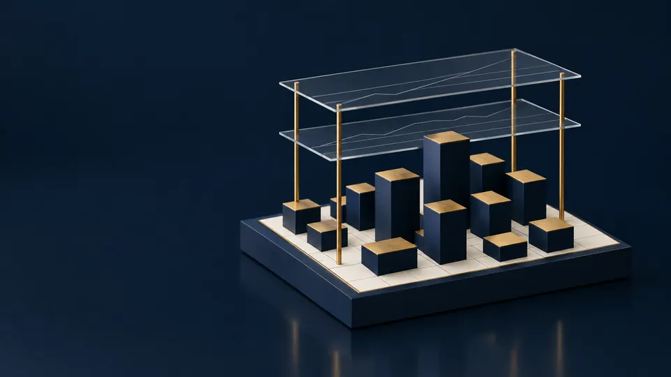 Miniature model: navy blocks of different heights with brass tops, under two glass plates on brass posts.