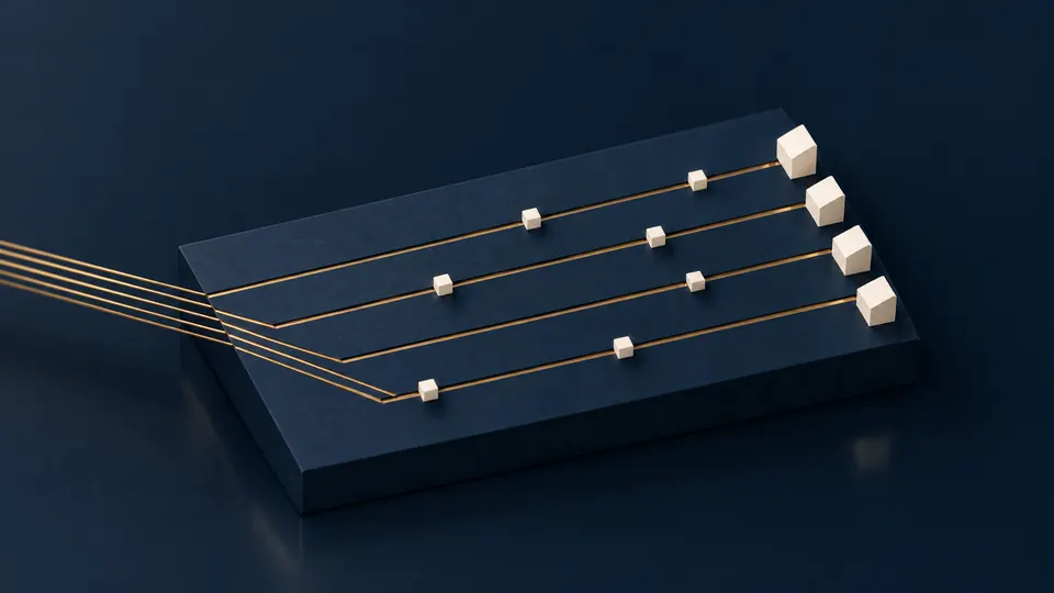 Miniature model: four brass channels across a navy plinth, carrying paper tokens to four small paper houses.
