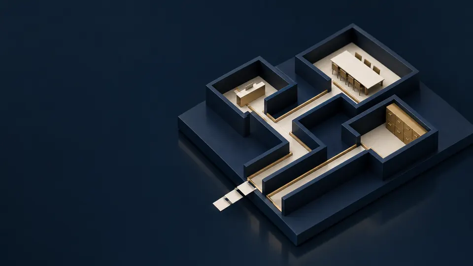 Miniature model: a maze of navy walls; paper tiles travel along the corridors toward the rooms.
