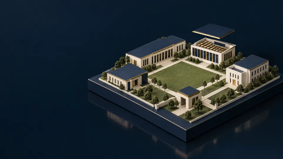 Miniature campus model: four buildings around a lawn, with one roof lifted to show the rooms inside.