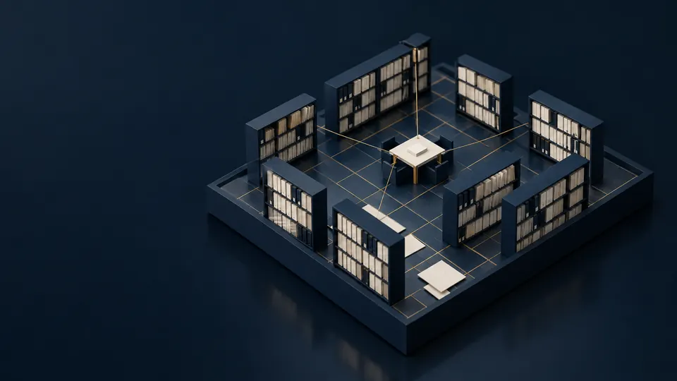 Miniature library model: navy shelves around a reading table, brass threads joining each shelf to the table.