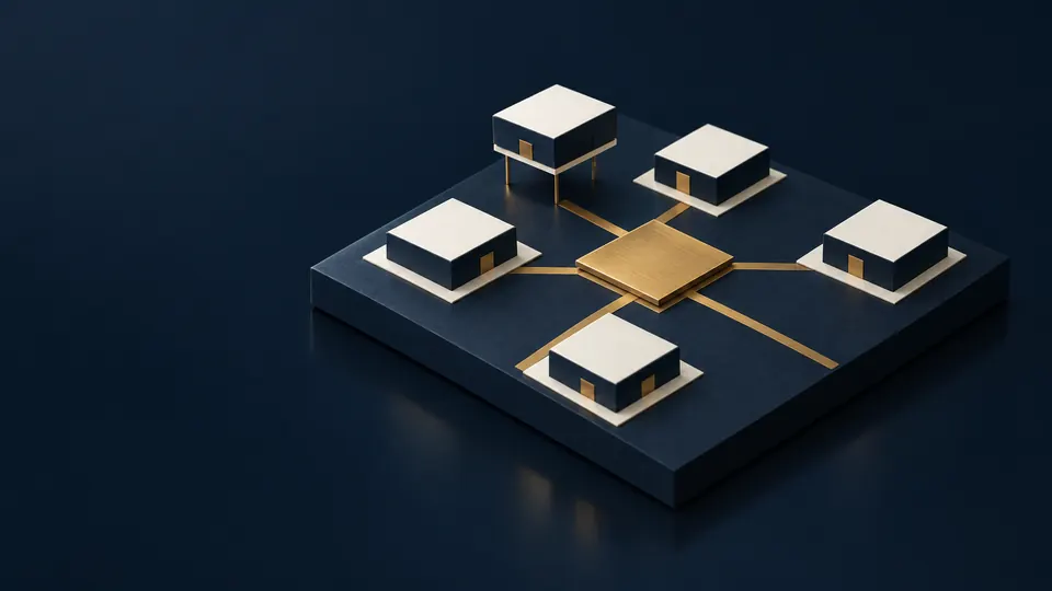 Miniature model: four paper buildings on a navy plinth, joined by brass paths to a gold square at the centre.