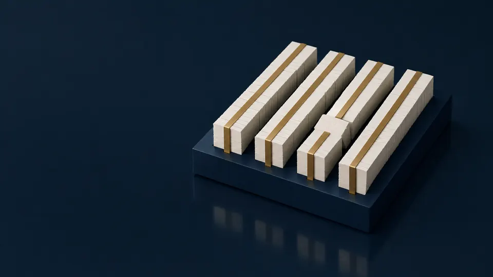 Miniature model: four rows of paper blocks bound by brass bands, one offset block sliding back into line.