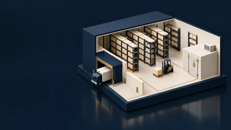 Cutaway miniature warehouse: racks, a truck at the bay, a cold room and a forklift carrying a pallet.