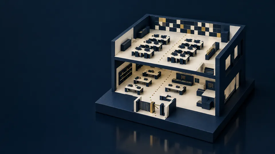 Cutaway miniature office: two floors of desks above an entrance turnstile, on a navy plinth.