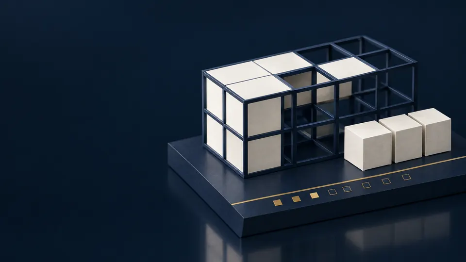 Miniature model: a navy frame partly filled with paper cubes, with more cubes waiting beside it.