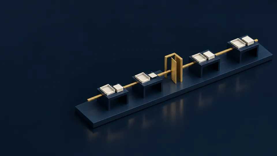 Miniature model: desks along a brass rail with a gold gate; a paper token travels along the rail toward the gate.