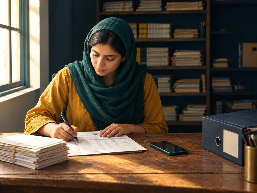 A finance officer works through printed statements at a wooden desk. An illustration, not a photograph.
