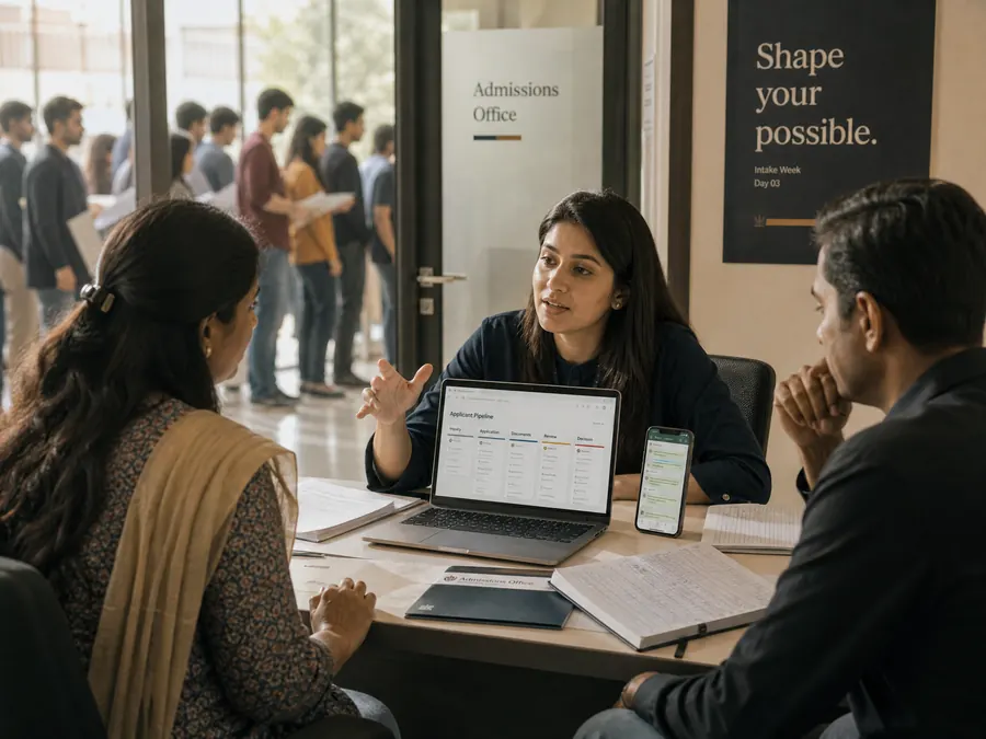 An admissions officer talks with two applicants across a desk while a queue waits outside. An illustration, not a photograph.