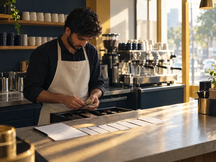 A cafe manager counts the till at the counter, with receipts laid out in a row. An illustration, not a photograph.