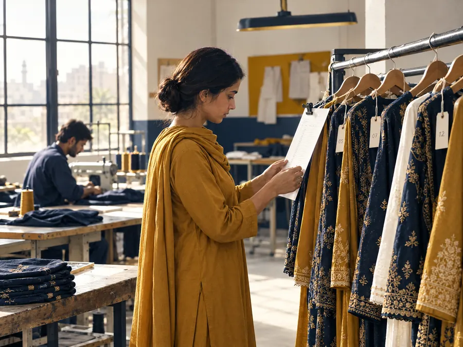A tailor checks a sheet against a rack of finished garments in a bright workshop. An illustration, not a photograph of SAK Atelier.