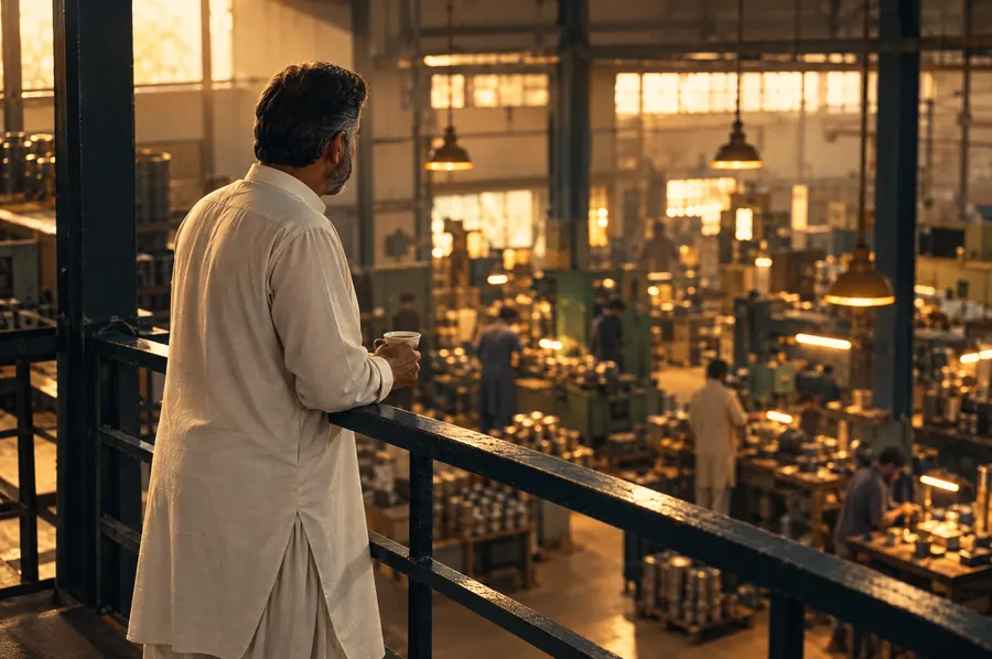 An owner looks down from a mezzanine over a busy floor. An illustration, not a photograph.