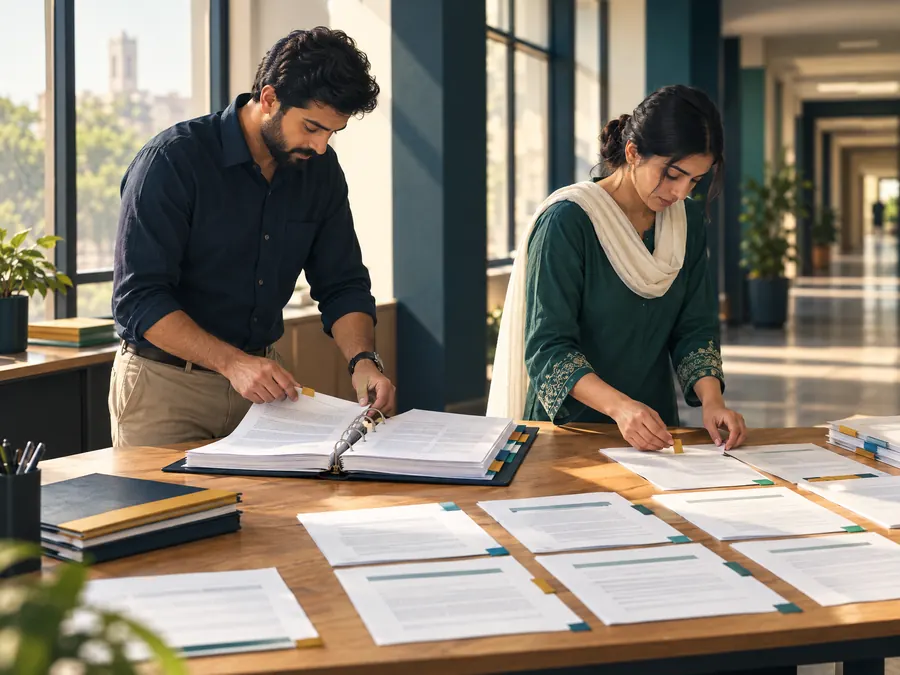 Two staff members lay out the pages of a policy manual on a long table and mark them with tabs. An illustration, not a photograph.